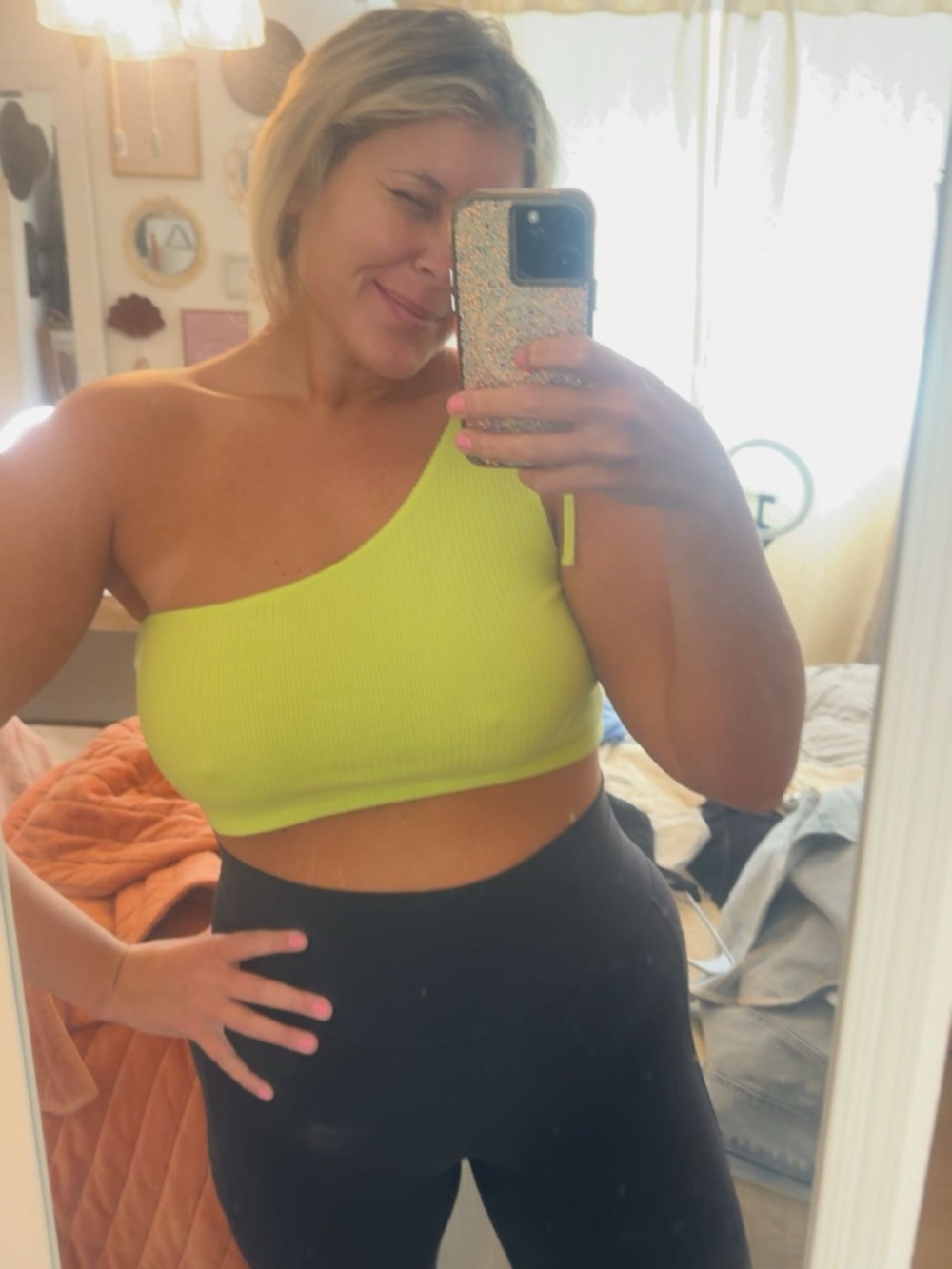 aerie One-Shoulder Ribbed Crop Top - Neon Yellow-Green